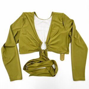 Villa Fresca Lucia Wrap Long Sleeve Bikini Top Shiny Olive Green 22/24 3XL NWT